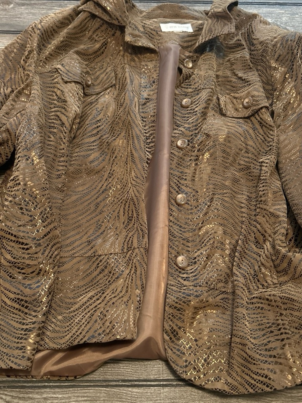 erin london Metallic Bronze-Tone Patterned Jean Jacket